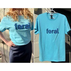 Hand Embroidered Glass Beaded Sky Ice Blue Sparkly Feral T-Shirt M / S Handmade